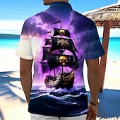 levne Halloween trička-Halloween Pánské Oceán Plachetnice Lebky Košile Letní košile Košile na knoflíky Krátký rukáv Vintage Retro Tmavá Dovolená Streetwear Léto Jaro Přehnutý 3D tisk košile s límečkem Fialová