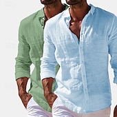 preiswerte Klassiker-Herren Hemd Leinenhemd Sommerhemd Strandbekleidung Knopfhemd Einfach Urlaub Lässig Weiss + Rosa Marineblau + Grau Grün+Khaki Blau+Marineblau Langarm Umlegekragen Sommer Frühling Bekleidung Rein