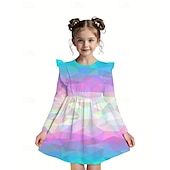 preiswerte 3D Shining Vision Kleid-Mädchen&#039; 3D Geometrisch Kleid Rüschenkleid Langarm Sommer Frühling Urlaub Täglich Ferien Prinzessin Schön Süß Kinder 4-12 Jahre Freizeitkleid A Linie Kleid Knielang Normale Passform
