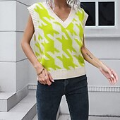 halpa Neuleliivi-Naisten Neulepusero Pusero Vapaa-aika Yhtenäinen väri Houndstooth-kuvio Paksu V kaula-aukko Kudottu Hihaton Tavalliset topit Neuloa Päivittäin Pyhäpäivä Bile Musta Sininen Syksy Talvi