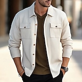 baratos Casacos &amp; Sobretudos para Homem-Homens jaqueta leve Jaqueta Waffle Jaqueta de Camisa Jaqueta casual Férias Diário Respirável Bolsos Primavera Outono Tecido Moda Clássico Lapela Padrão Preto Branco Vinho Verde Escuro cáqui Casaco