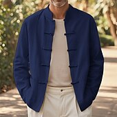 baratos Jaquetas Casuais-Homens Jaqueta de Camisa jaqueta de linho Cabana Férias Diário Respirável Bolsos Primavera Outono Tecido Moda Clássico Colarinho Chinês Padrão Preto Branco Azul Marinha cáqui Casaco