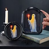 cheap Halloween Hanging &amp; Tabletop Decorations-Halloween Resin Photo Frame Decor, Black and Brown Ghost Holding Candle Design, Round and Square Shapes for Home, Bedroom, Study, and Office Desktop Halloween Photo Display