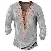 cheap Ethnic Style-Men&#039;s Print T Shirt Henley Shirt Long Sleeve Designer Retro Vintage Bohemian Street Casual Daily Summer Spring Fall Blue Green Khaki Grey Henley Henley T-Shirt
