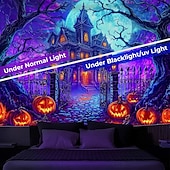 cheap Halloween Wall Tapestries-Halloween Blacklight Tapestry Skeleton Haunted House UV Reactive Glow in the Dark Forest Trippy Mountain Misty Graveyard Ghost Hanging Tapestry Wall Art Mural for Living Room Bedroom