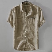 preiswerte Business Casual-Herren Leinenhemd Freizeithemd Baumwoll-Leinen-Hemd Knopfhemd Muster Urlaub Straße Weiß Dunkelmarine Himmelblau Khaki Kurzarm Revers Sommer Bekleidung Schnalle