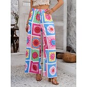 abordables jambe large et taille haute-Femmes Jambe large Chinos Vacances ancien Mode Longueur complète Taille haute Fleuri Ceinture Élastique Impression Confortable Doux Micro-Élastique Extérieur Vacances Rue Blanche Jaune Rose Claire