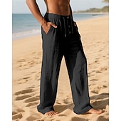 cheap Holiday-Men&#039;s Linen Pants Trousers Summer Pants Beach Pants Pocket Elastic Waist Drawstring Plain Comfort Breathable Vacation Daily Holiday Hawaiian Boho Dark Khaki Black