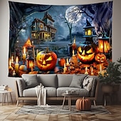 halpa halloween seinävaatteita-Halloween-kummitustalon seinävaate – Luuranko ja hohtava Jack-o&#039;-lantern-portaikkokohtaus pelottava yötaivas goottilainen tausta 2025 Halloween-olohuoneeseen makuuhuoneeseen juhlakoristeeksi