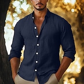 preiswerte Straße-Herren Hemd Leinenhemd Knopfhemd Einfach Urlaub Lässig Schwarz Gelb Marineblau Braun Langarm Revers Sommer Herbst Bekleidung Knöpfe