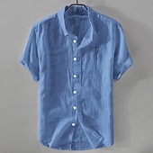 cheap Business Casual-Men&#039;s Linen Shirt Casual Shirt Cotton Linen Shirt Button Up Shirt Pattern Vacation Street White Dark Navy Sky Blue Khaki Short Sleeve Lapel Summer Clothing Apparel Button-Down