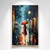 abordables Pinturas de paisajes-Lienzo pintado a mano de una chica en una ciudad lluviosa, con una chica en la calle bajo un paraguas y una lluvia, decoración abstracta, pared de una chica en la ciudad de Nueva York, arte de pared