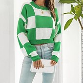 baratos Padrões gráficos e detalhes-Mulheres Pulôver Casual Bloco de cor Robusto Gola Redonda Tricotado Manga Longa Tops curtos Tricotar Diário Feriado Para Noite Preto Roxo Outono Inverno