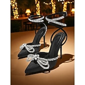 baratos Bombas Clássicas-salto agulha feminino de cetim preto com laço de strass e tira no tornozelo - salto alto elegante para eventos formais e coquetéis
