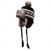cheap Hats-Stretch Knit Plush Winter Hat with Detachable Ear Flaps &amp; Pom-Pom - Grid Pattern, Adjustable Drawstring for Outdoor Sports, Christmas Holiday - Black/White/Blue/Red, Winter Accessories