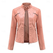 economico Giacche in finta pelle-Per donna Giacca in Ecopelle Confortevole Tasca Cerniera completa Moda Stile da Strada Semplice All&#039;aperto Casual Quotidiano Regolare Collo alla coreana Vestibilità regolare Manica Lunga Capispalla
