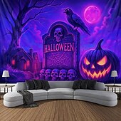ieftine tapiserii de perete de Halloween-Tapiserie Hallaoween cu lumină neagră, reactivă UV, care strălucește în întuneric, pădure, munte trippy, cețos, cimitir, fantomă, tapiserie suspendată, artă murală pentru perete, living, dormitor