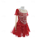 preiswerte Eiskunstlaufkleider-Eiskunstlaufkleid Damen Mädchen Eislaufen Kleid Rot Patchwork Daumenloch Netzstoff Spandex Dehnbar Training Übung Professionell Eiskunstlaufkleidung Thermowarm Kristall / Strass Langarm Eislaufen