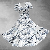 ieftine Tipăriți rochii florale-Pentru femei Rochii Midi Rochie casual Rochie de vară Modă Modern Zilnic Plajă Sfârșit de săptămână Fit regulat Frunză Manșon scurt În V Albastru piscină Vară Primăvară