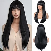 abordables Perruques Synthétiques Sans Bonnet-Perruque brune avec frange pour femmes, perruque synthétique longue et droite, résistante à la chaleur, pour filles, usage quotidien, fête, Halloween, cosplay, 24 pouces