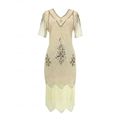 economico Abiti degli anni '20-Anni Ruggenti Anni 1920 Lunghezza al ginocchio Vestito Abito Flapper Abito da Ballo Maniche corte Il grande Gatsby Charleston Invitato al matrimonio Paillettes Frangia con nappe Scollo a V Costume
