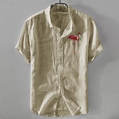 cheap Business Casual-Men&#039;s Linen Shirt Casual Shirt Cotton Linen Shirt Button Up Shirt Pattern Vacation Street White Dark Navy Sky Blue Khaki Short Sleeve Lapel Summer Clothing Apparel Buckle