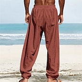 cheap Holiday-Men&#039;s Linen Pants Trousers Summer Pants Beach Pants Pocket Elastic Waist Drawstring Plain Comfort Breathable Vacation Daily Holiday Hawaiian Boho White Dark Red