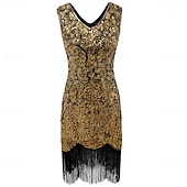 voordelige Jaren 1920 Jurken-Retro vintage Roaring jaren &#039;20 Jaren 1920 Boven de knie Tot de knie Flapper jurk Cocktailjurk Mouwloos The Great Gatsby Flapper Girl Pailletten Zoom V-hals Kostuum Dames Kerstmis Carnaval Bruiloft