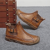 tanie Botki-męskie ręcznie robione botki w stylu retro z ozdobnymi klamrami – stylowe, codzienne buty inspirowane mokasynami, idealne na jesienne spacery, weekendowe wyjścia i codzienną modę