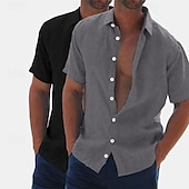 preiswerte Klassiker-Herren Leinenhemd Sommerhemd Strandbekleidung Knopfhemd Hemden zum Herausstecken Einfarbig Urlaub Kreuzfahrt Grün + grau Weiß + Khaki Khaki + Schwarz Grün+Khaki Kurzarm Umlegekragen Sommer Bekleidung