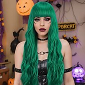 cheap Party Wigs-Green Bubble Perm Wig – Full Bangs, Corn Perm Curls, Ideal for Halloween, Cosplay, Festivals, and Daily Wear
