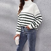 cheap Graphic Patterns &amp; Details-Women&#039;s Pullover Casual Striped Chunky Turtleneck Knitted Long Sleeve Regular Tops Knit Daily Holiday Going out White Fall Winter