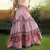 billiga Enkla kjolar-Dam Kjol Gunga Mode Ledigt Maxi Hög midja Kjolar Färgblock Spets Lappverk Ledigt / vardag Helgen Gul Rosa Blå Grå Vår Polyester