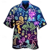 preiswerte Vögel &amp; Tiere-Herren Flamingo Lampen Hemd Hawaiihemd Sommerhemd Aloha-Shirt Kurzarm Hemd Umlegekragen Tropisch Modisch Strassenmode Casual Hawaiianisch Festtage Schwarz Gelb Hellgrün S M L