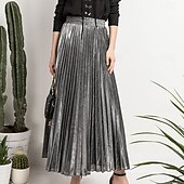 abordables Jupes Maxi-Femmes Jupe Mode Occasionnel Maxi Taille haute Jupes Uni Plissé Micro-Élastique Décontracté Quotidien Week-end Argent Noir Dorée Rouge Été Polyester