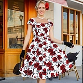 preiswerte Kleider-Retro Vintage 1950er Rockabilly Midlänge Swing-Kleid Ausgestelltes Kleid Kappe Blumen Frucht A-Linie Quadrathals Damen Karneval Urlaub Alltagskleidung Retro-Mottoparty Erwachsene Kleid Frühling