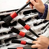 cheap Home Supplies-5pcs Car Detail Brush Set with Durable Plastic Handles, Black and Red, Ideal for Dashboard, Vents, Wheels, and More, Stylish Automotive Cleaning Tools