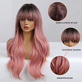 economico Parrucche da festa-Parrucca sintetica da donna, lunga, ondulata, nera, sfumata, rosa con frangia soffice, leggera, per feste in cosplay