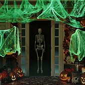 Недорогие Хэллоуин-Зелёная флуоресцентная паутина с пластиковыми пауками, идеально подходит для вечеринки в честь Хэллоуина, не требует питания, создаёт жуткую атмосферу, функция glowindark