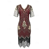 economico Abiti degli anni '20-Anni Ruggenti Anni 1920 Lunghezza al ginocchio Vestito Abito Flapper Abito da Ballo Maniche corte Il grande Gatsby Charleston Invitato al matrimonio Paillettes Frangia con nappe Scollo a V Costume