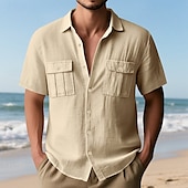 voordelige Vakantie-Voor heren Overhemd Linnen overhemd Zomer overhemd Strand Kleding Overhemd met knopen Cargoshirt Effen Kleur Vakantie Straat Zwart Wit Marineblauw blauw Korte mouw Strijkijzer Zomer Lente Kleding Zak