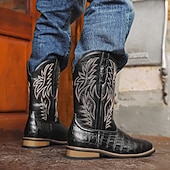 abordables Cowboy et bottes occidentales-Bottes de cowboy western en cuir de vachette noir gaufré pour hommes avec bout pointu et coutures classiques, chaussures élégantes pour les événements country, l&#039;équitation et la mode rodéo