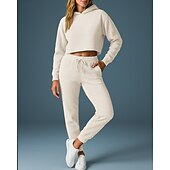 abordables Survêtements-Femmes Ensemble Survetement Jogging Pantalon Sweat-shirt à enfiler Cordon de serrage À capuche Couleur Unie Ensemble Vêtements Printemps Gris foncé Noir Salle de sport Extérieur Course Taille haute