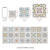 baratos Adesivos de Parede-Adesivos de azulejo estilo marroquino 24 peças, decalques de parede de PVC com película de cristal espessada, à prova d&#039;água &amp;Decoração de parede de azulejo retrô removível e à prova de óleo para