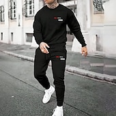 halpa Miesten 3D Collegepaita Setti-Miesten Pariisi 2kpl 3D-hupparisarjat Verryttelypuku Pullover-huppari Pitkähihainen Pitkät housut Tiukka pyöreä kaula-aukko Urheilullinen Rento arki Kausaliteetti 3D-tulostus Kevät Syksy Talvi Musta