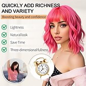 abordables Perruques de fête-Perruques roses courtes ondulées, perruque pastel avec frange, cheveux synthétiques mi-longs pour femmes et filles, perruque de cosplay colorée en fibre synthétique résistante à la chaleur pour une