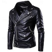 voordelige Nepleer jas-Voor heren Jas van imitatieleer Bikerjack Motorjas Vakantie Dagelijks Winddicht Houd Warm Zak Herfst Winter Effen Modieus Klassiek Revers Normaal Zwart Jacks