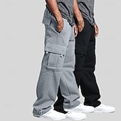 お買い得  スウェットパンツ-男性用 フリースパンツ スウェットパンツ ジョガー ズボン カーゴスウェットパンツ 弾性ウエスト ドローストリング マルチポケット 純色 ウォーム 吸汗性 全長 カジュアル 日常 ランニング ファッション ストリートファッション ブラック+ネイビーブルー ブラック＋ライトグレー 伸縮性あり