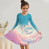 billige 3D Unicorn kjole-Jenter&#039; 3D enhjørning Kjole Langermet Sommer Vår Feriereise Daglig Ferie Prinsesse Vakker Søt Barn 4-12 år Uformell kjole Kjole med A-linje Knelang Normal