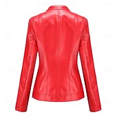 cheap Faux Leather Jackets-Women&#039;s Faux Leather Jacket Comfortable Pocket Full Zip Fashion Street Style Plain Outdoor Casual Daily Regular Stand Collar Regular Fit Long Sleeve Outerwear Red Green Beige Fall Winter